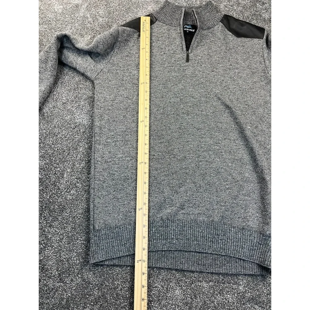 North Pole Sweater Mens M Quarter Zip Knit Gray/Black Suede Shoulder Pullover - Picture 8 of 9